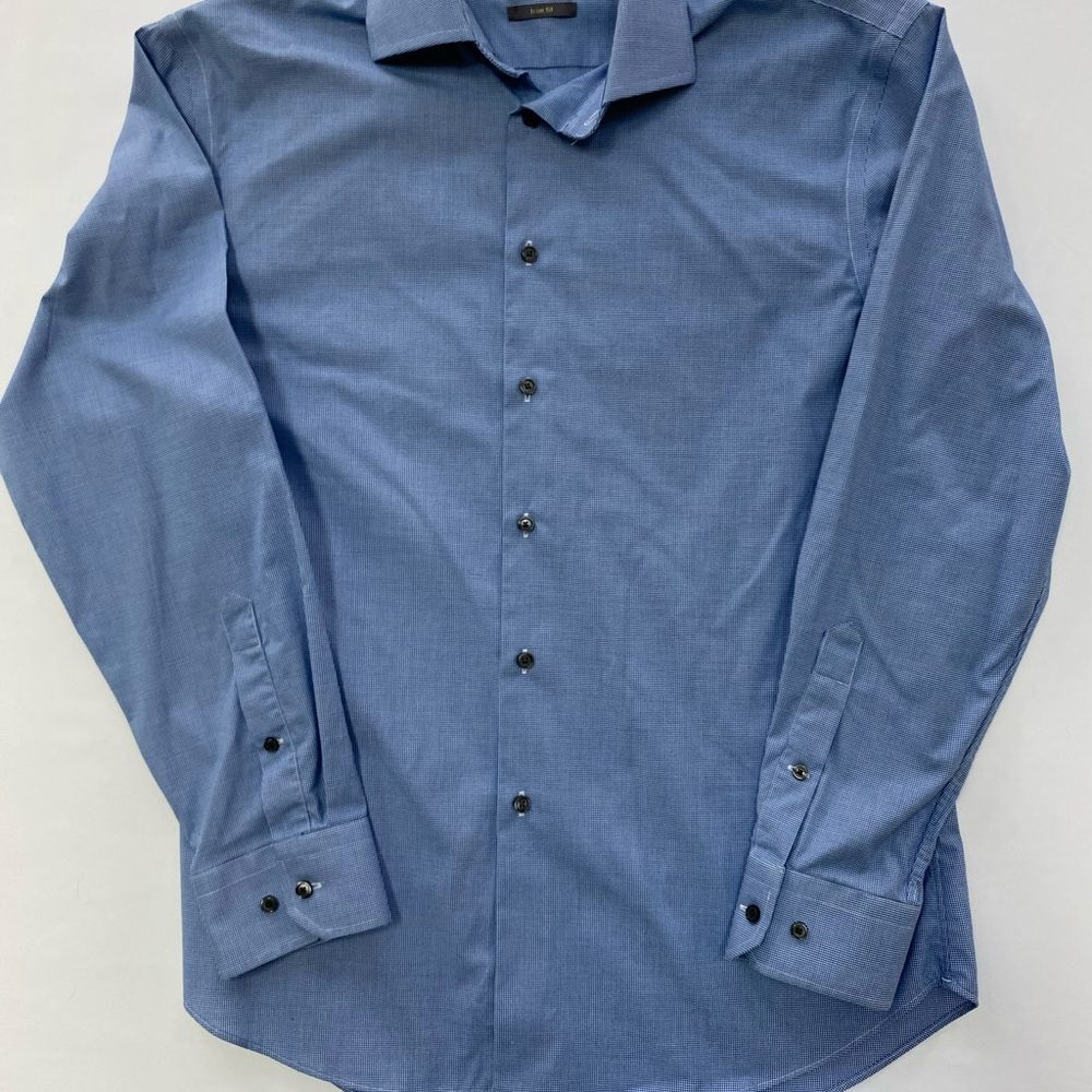 Calibrate Mens Blue Micro Gingham Dress Shirt Trim Fit 15.5 32/33 Non-Iron